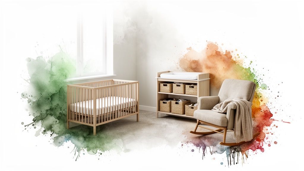 A bright and serene baby nursery with a wooden crib, changing table, and cozy rocking chair.