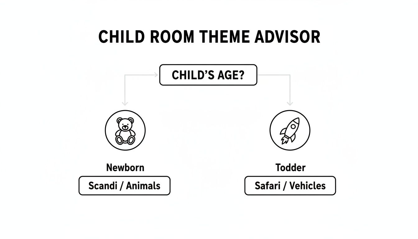 A child room theme advisor flowchart suggesting themes based on child's age: Newborn (Scandi/Animals) or Toddler (Safari/Vehicles).