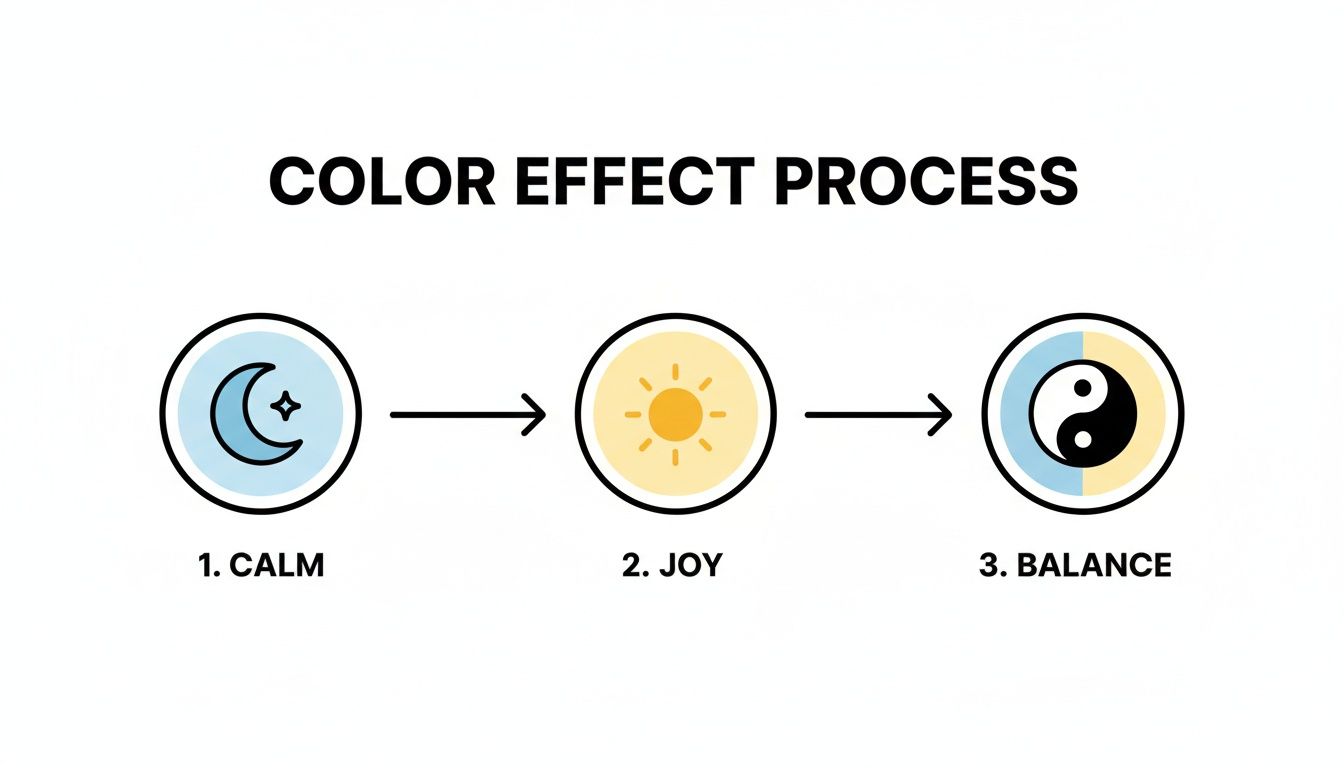 A diagram showing the color effect process: blue for calm, yellow for joy, combining for balance.