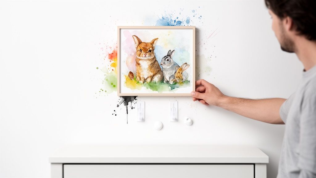 A person's hand holds a framed watercolor painting of bunnies against a white wall.