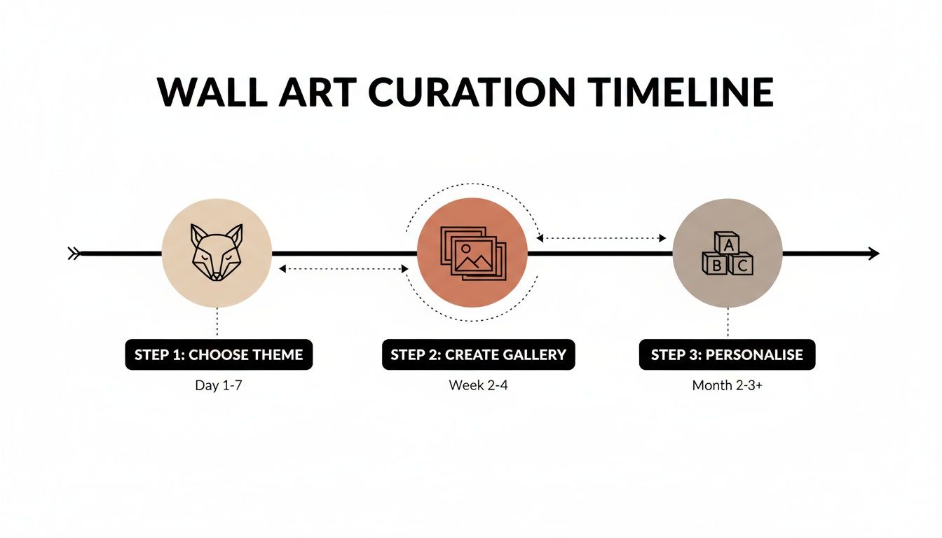 Wall art curation timeline diagram with three steps: Choose Theme, Create Gallery, Personalise.