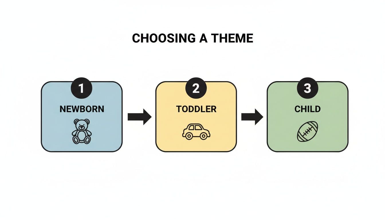 A theme selection flowchart showing options for newborn (teddy bear), toddler (car), and child (football).