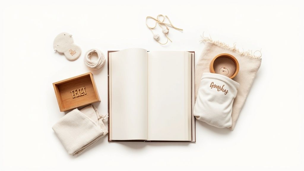 Flat lay of neutral baby shower gifts, including an open book, wooden box, and fabric toys.