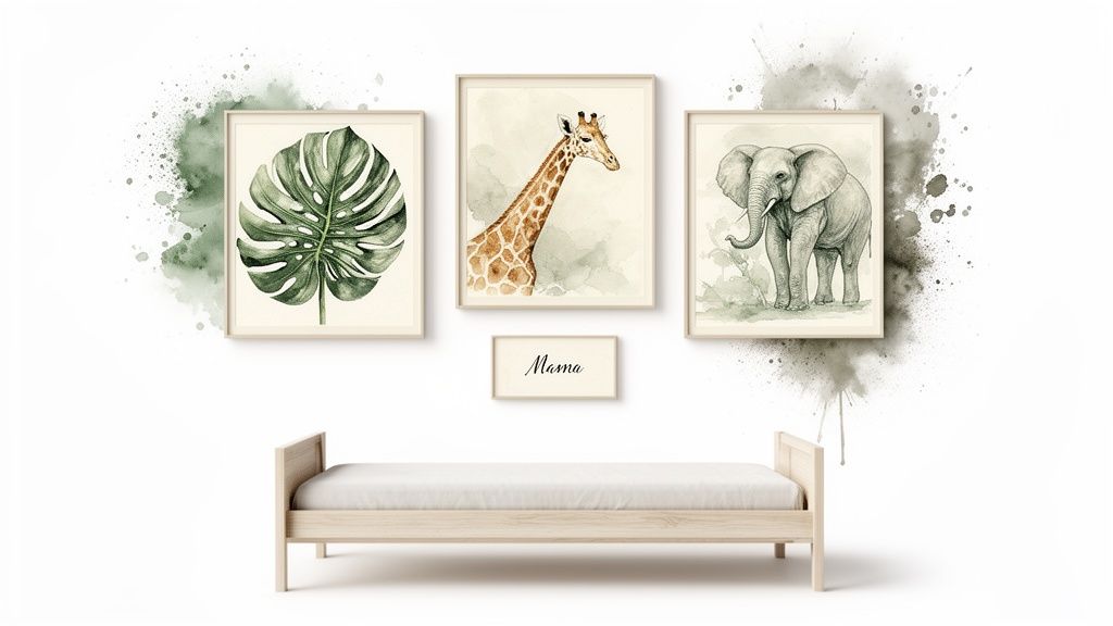 Three framed watercolor prints: Monstera leaf, giraffe, and elephant above a wooden bed in a nursery.