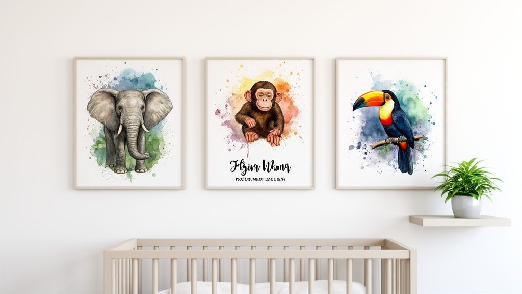 Three watercolor jungle animal prints of an elephant, chimpanzee, and toucan above a baby crib.