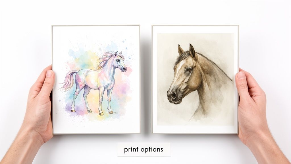Two framed horse artworks displayed: a whimsical watercolor unicorn and a realistic brown horse portrait, held by hands.