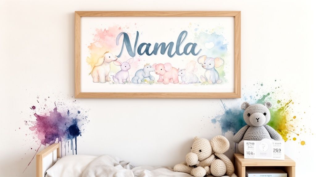 A watercolor framed print with the name 'Namla' and cute baby animals in a child's room.