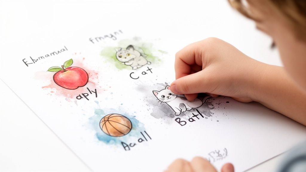 A child's hand places a cat sticker on a worksheet with an apple, cats, and a basketball.