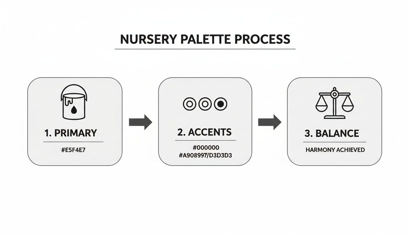 Diagram illustrating the nursery palette design process with steps for primary colors, accents, and achieving balance.
