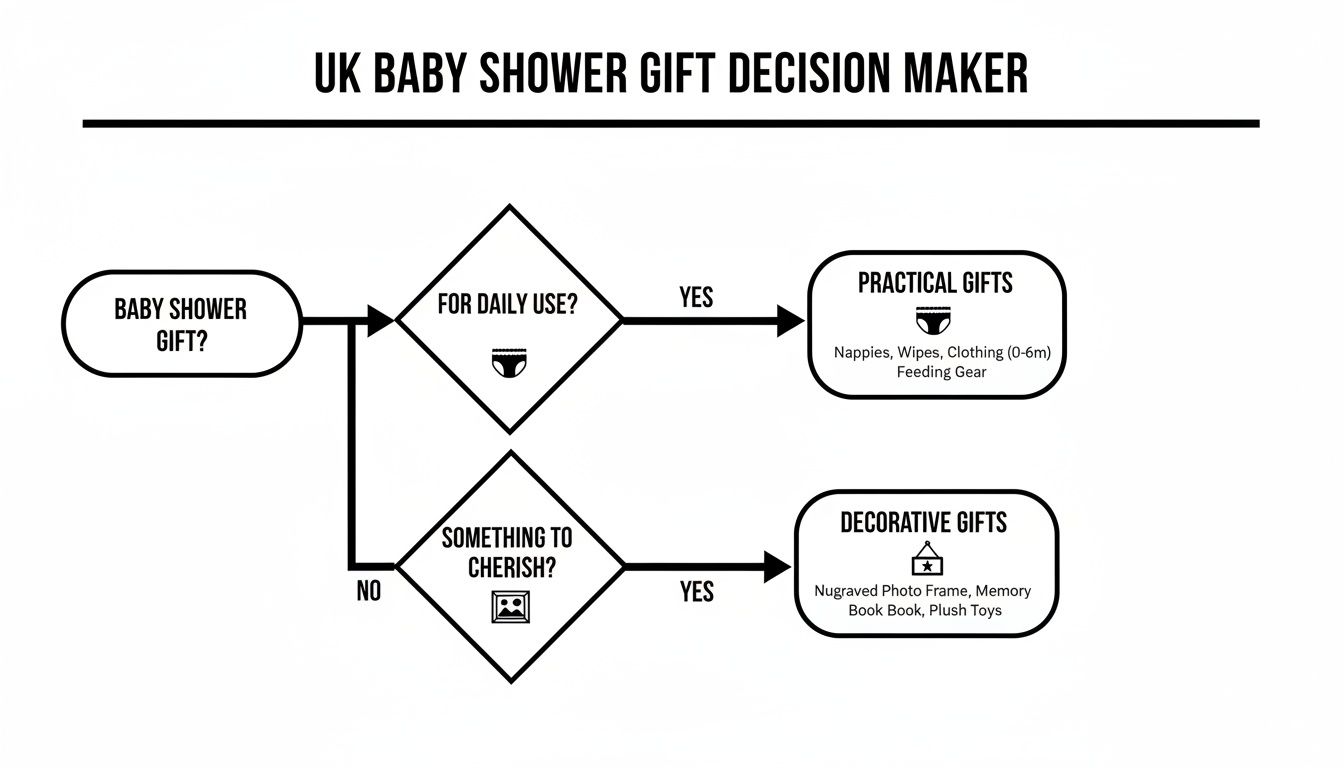 Flowchart for UK baby shower gifts, categorizing options into practical daily use items or decorative keepsakes.