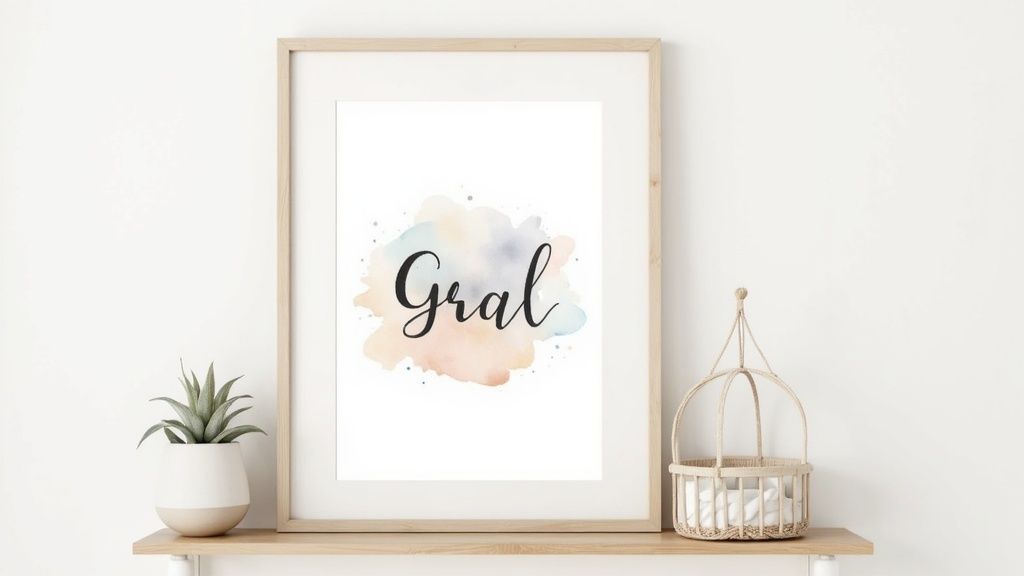 A framed art print featuring the word 'Goal' on a colorful watercolor splash, with a plant and decorative basket on a shelf.