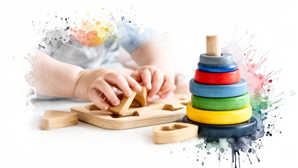 Close-up of a baby's hands playing with natural wooden shape sorting and colorful stacking toys.