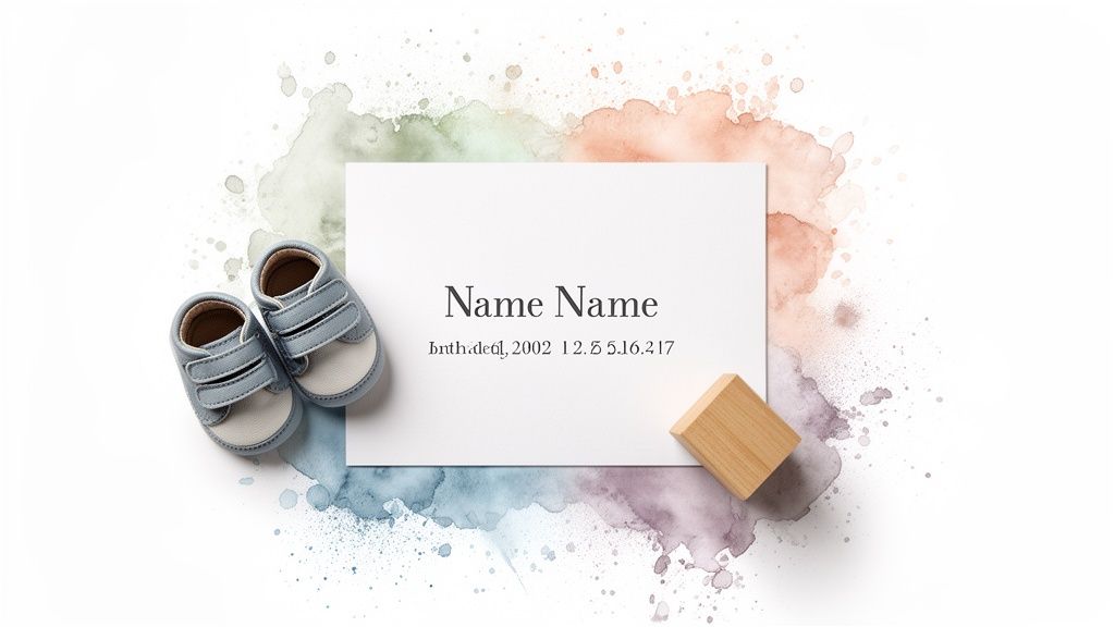 A flat lay of a baby name card with blue shoes, a wooden block, and watercolor splashes.