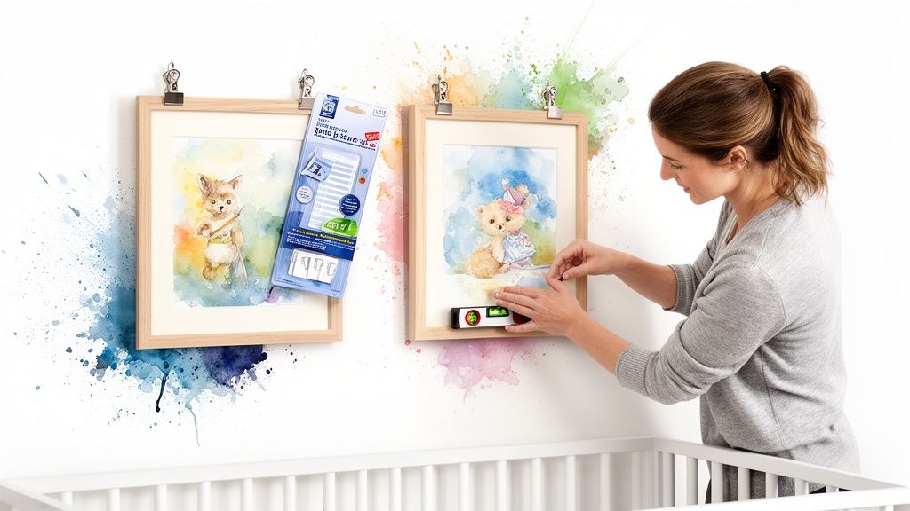 Woman decorating a nursery wall with framed watercolor animal art above a baby crib, using a level.
