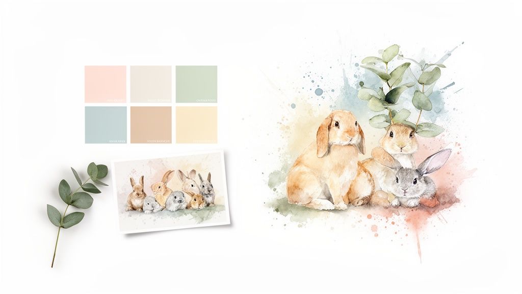 Adorable watercolor bunnies and a gentle color palette with a delicate eucalyptus branch.