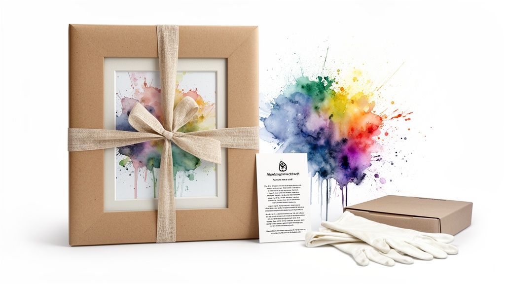 A beautifully wrapped watercolor painting of a rainbow splash, alongside matching art, a gift card, and gloves.