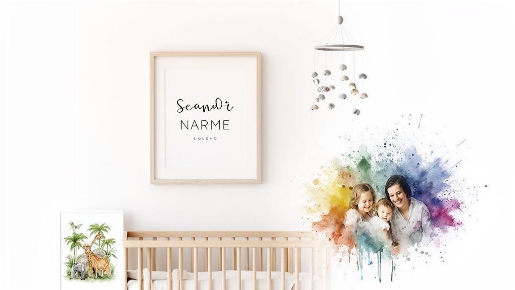 A bright nursery with a crib, wall art, mobile, and a family portrait in watercolor.