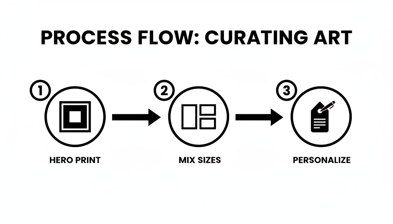 A three-step process flow for curating art, illustrating hero print, mixing sizes, and personalization.