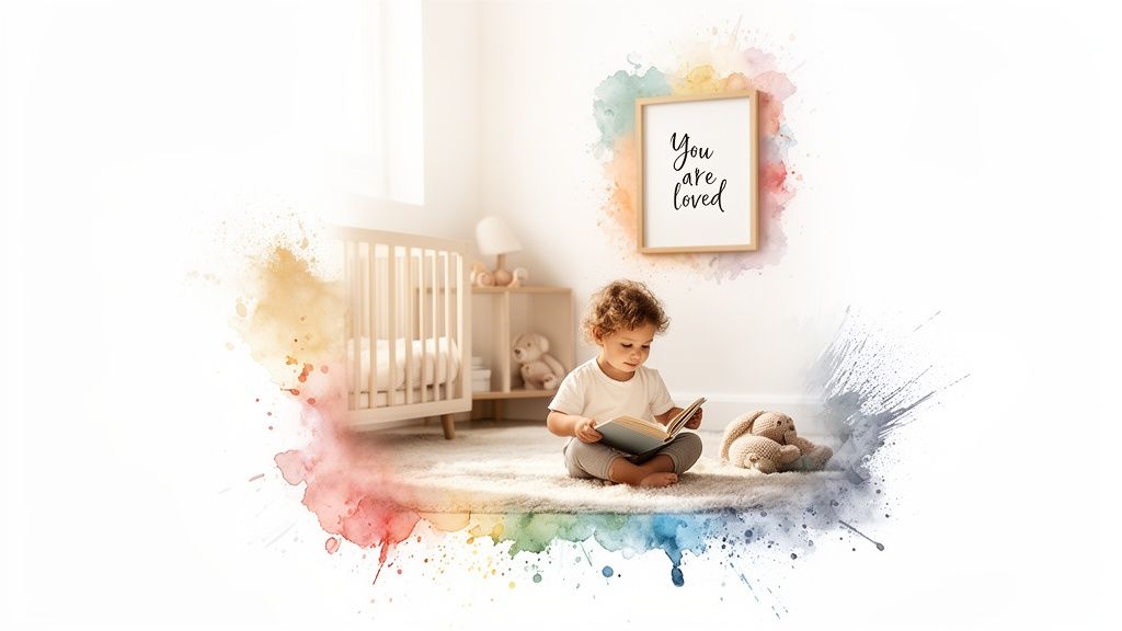 A cute baby reads a book on a soft rug in a bright nursery with a crib and a 'You are loved' sign.