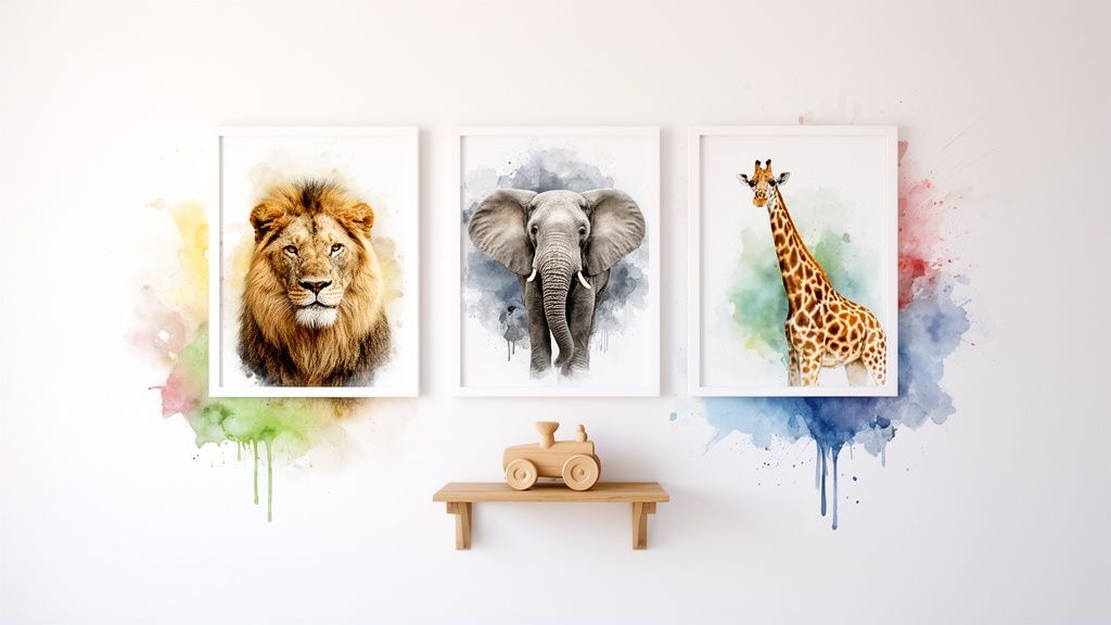 Watercolor safari animal prints, lion, elephant, and giraffe, on a white wall with colorful splashes and a wooden toy.