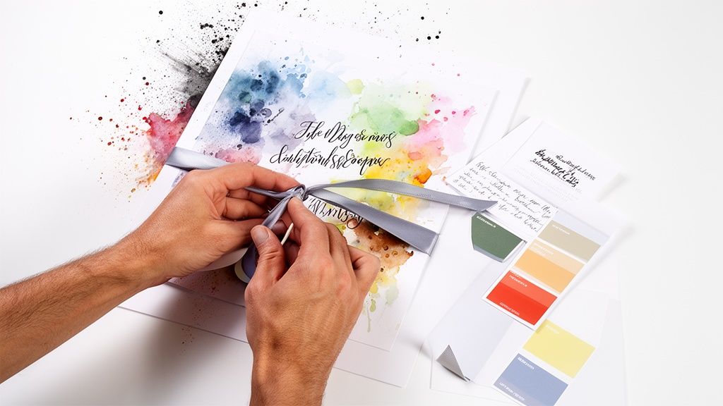 Hands tie a grey ribbon around a custom watercolor wedding invitation with calligraphy and color swatches.
