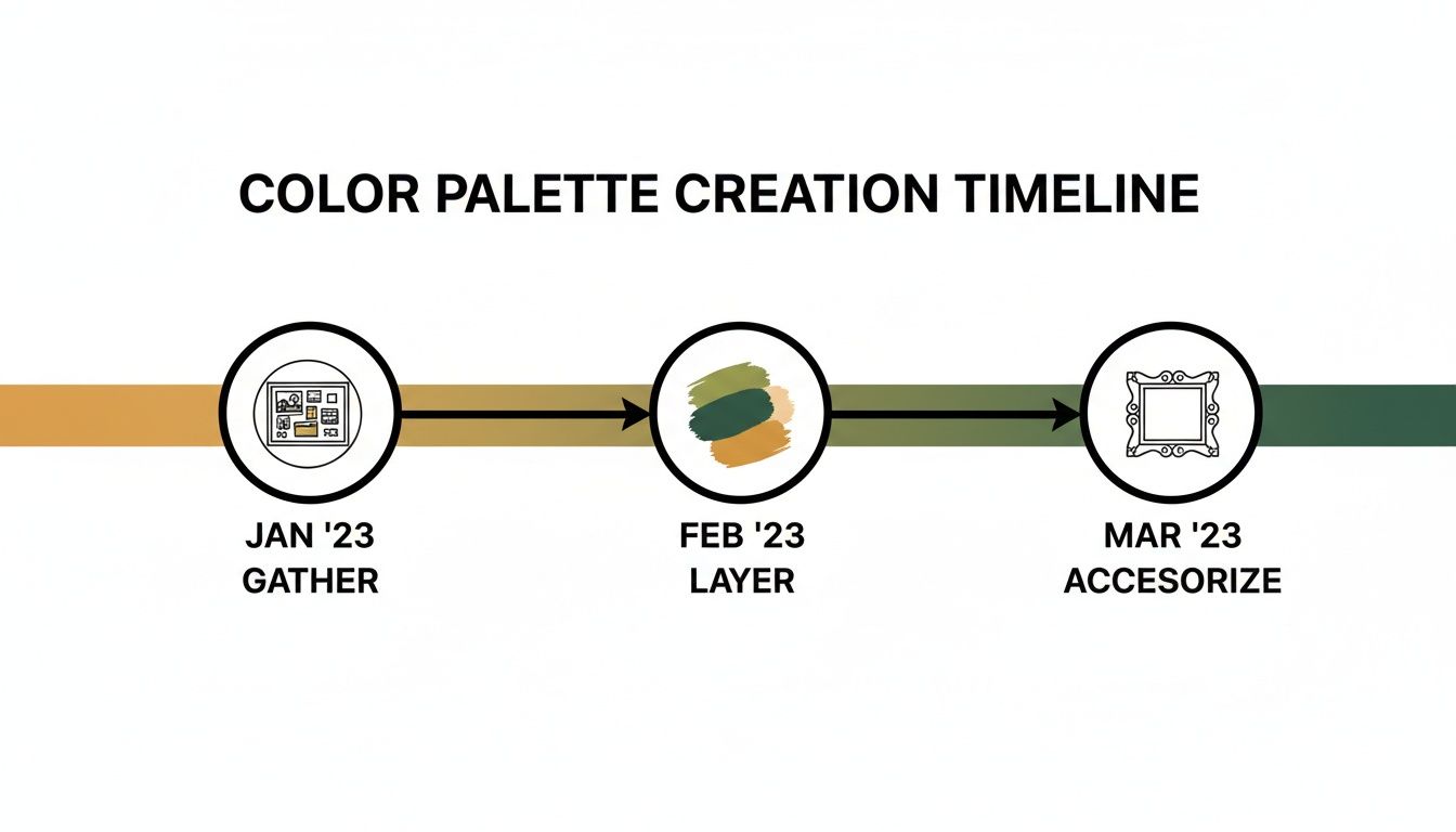 A color palette creation timeline detailing steps: gather in January, layer in February, and accessorize in March.