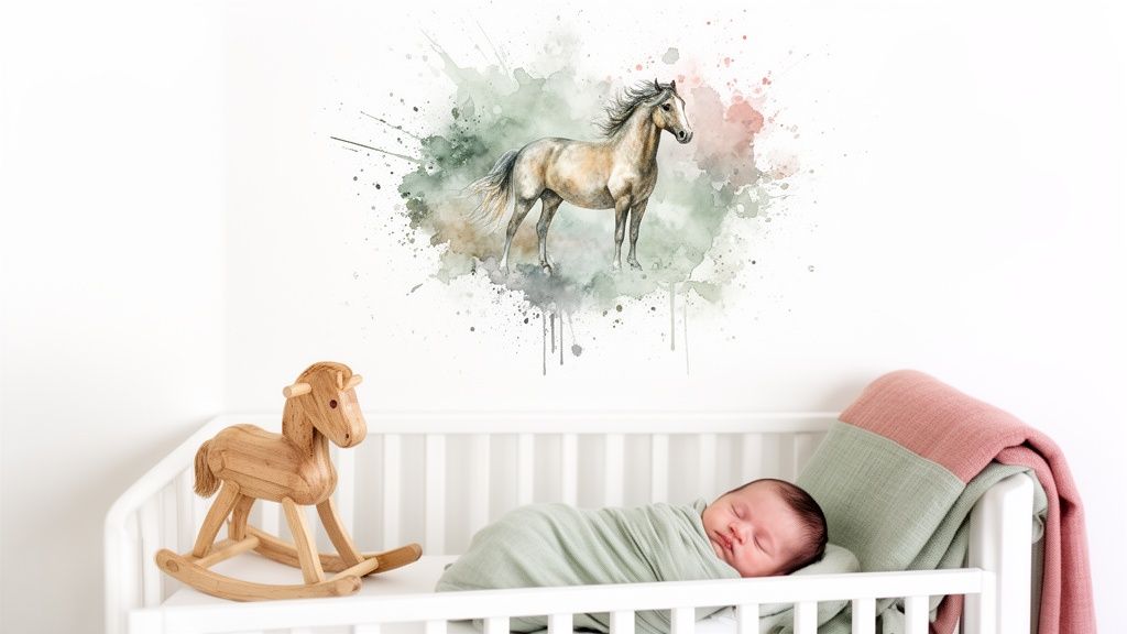 A sleeping baby in a white crib with a wooden rocking horse and watercolor horse wall art.