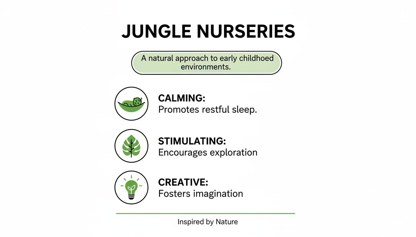 A graphic promoting Jungle Nurseries, detailing calming, stimulating, and creative benefits inspired by nature.