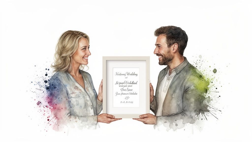 Watercolor illustration of a smiling couple holding a framed personalized wedding print.
