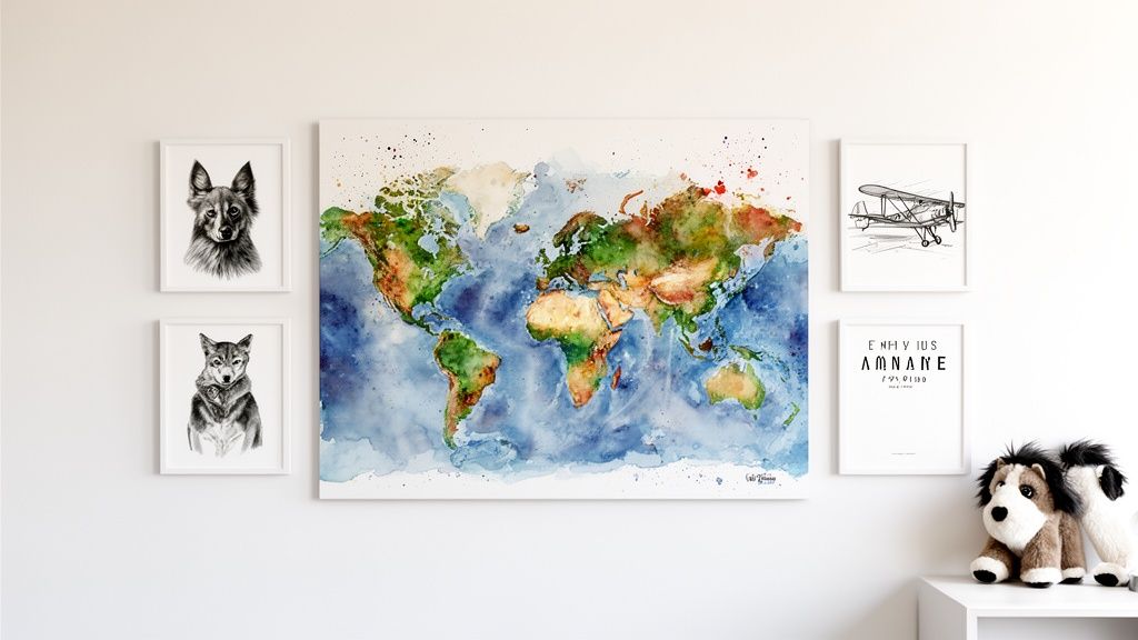 A gallery wall features a large watercolor world map, framed dog portraits, and an airplane print.