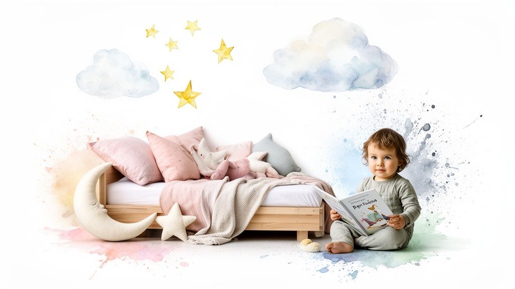 A toddler reads a book on the floor beside a cozy bed with watercolor stars and clouds.