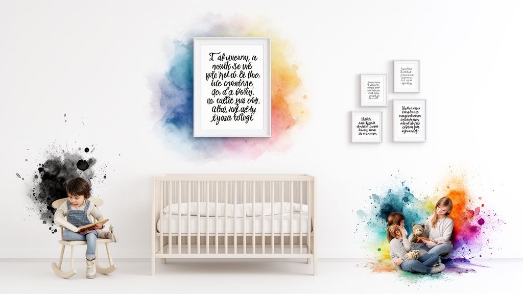 A bright nursery decorated with colorful watercolor splashes, framed quotes, a crib, and children reading.