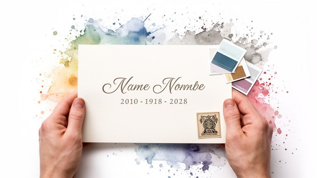 Hands holding a personalized keepsake card with watercolor splashes, color swatches, and a stamp.