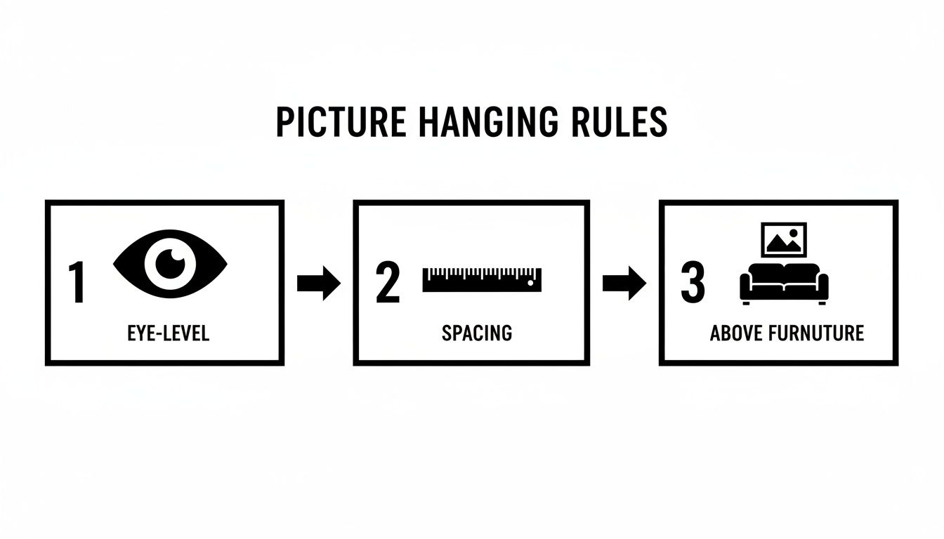Infographic showing three picture hanging rules: eye-level, proper spacing, and hanging above furniture.