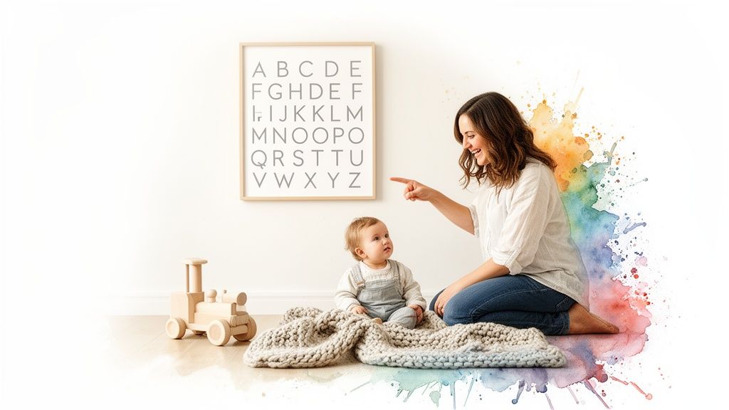Smiling mother points to an alphabet chart on a white wall for her baby.