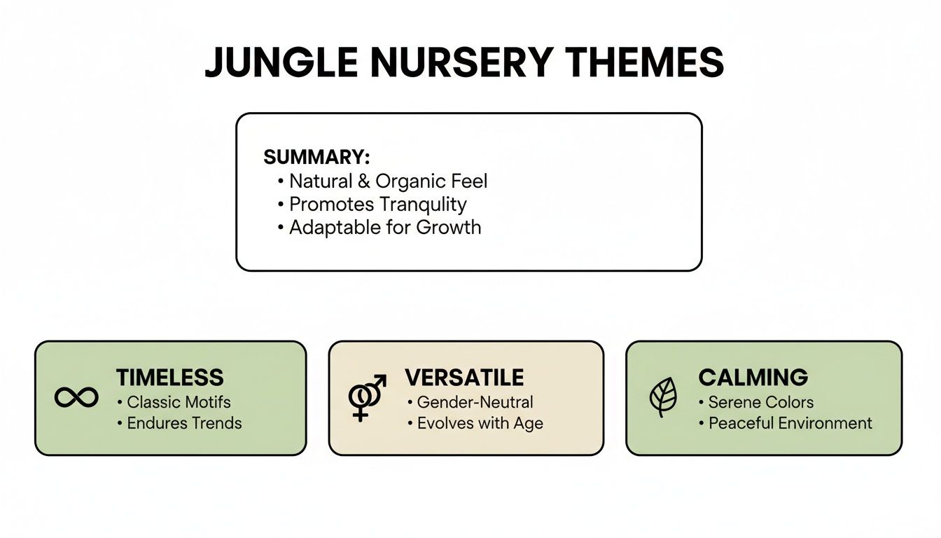 Infographic summarizing jungle nursery themes, highlighting attributes like timeless, versatile, and calming decor.