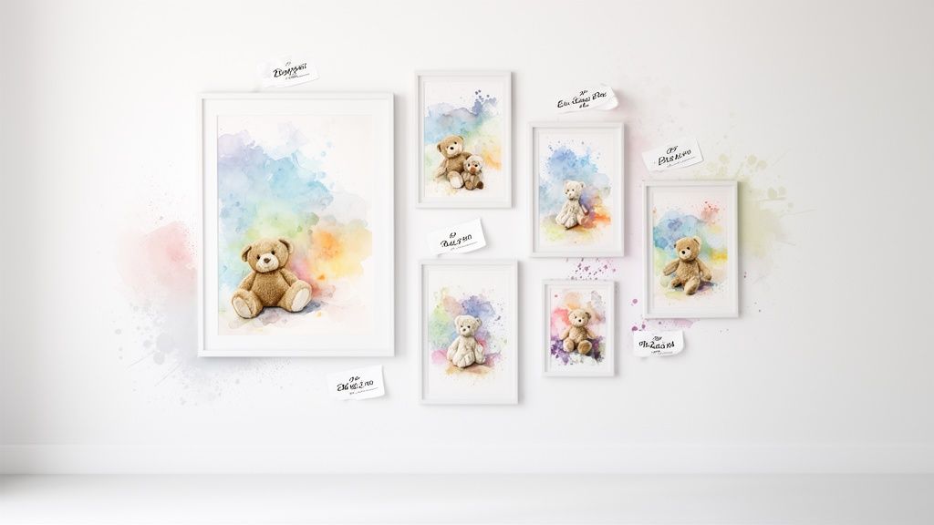 A bright gallery wall displays framed watercolor paintings of cute teddy bears with colorful splashes.