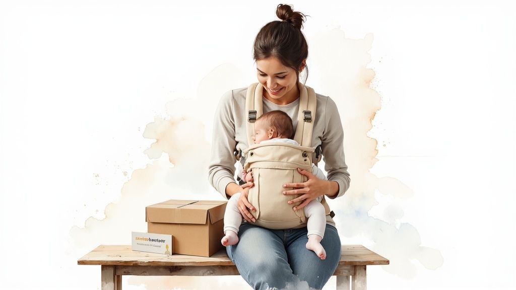 A smiling mother cradles her sleeping baby in a beige carrier while sitting on a wooden bench next to a box.