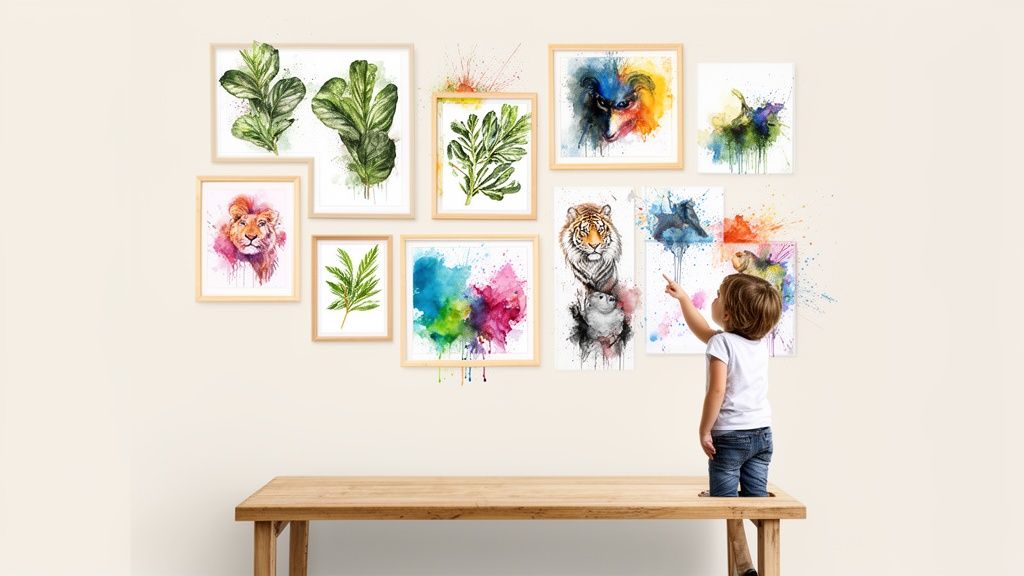 A child on a wooden bench points at a colorful gallery wall of watercolor animal and plant art.