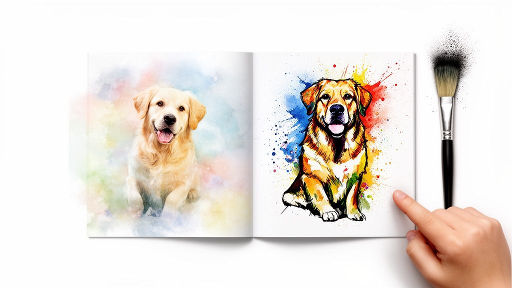 An open book displays two watercolor paintings of Golden Retrievers, one soft, one vibrant, with a hand pointing.