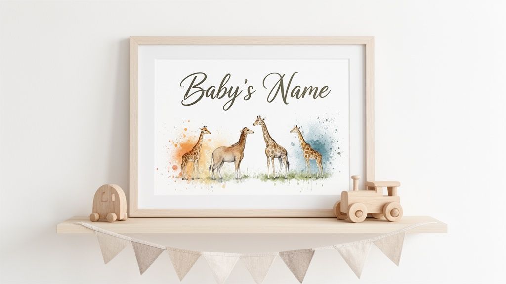 A framed personalized print for a baby's nursery featuring watercolor giraffes and wooden toys on a shelf.
