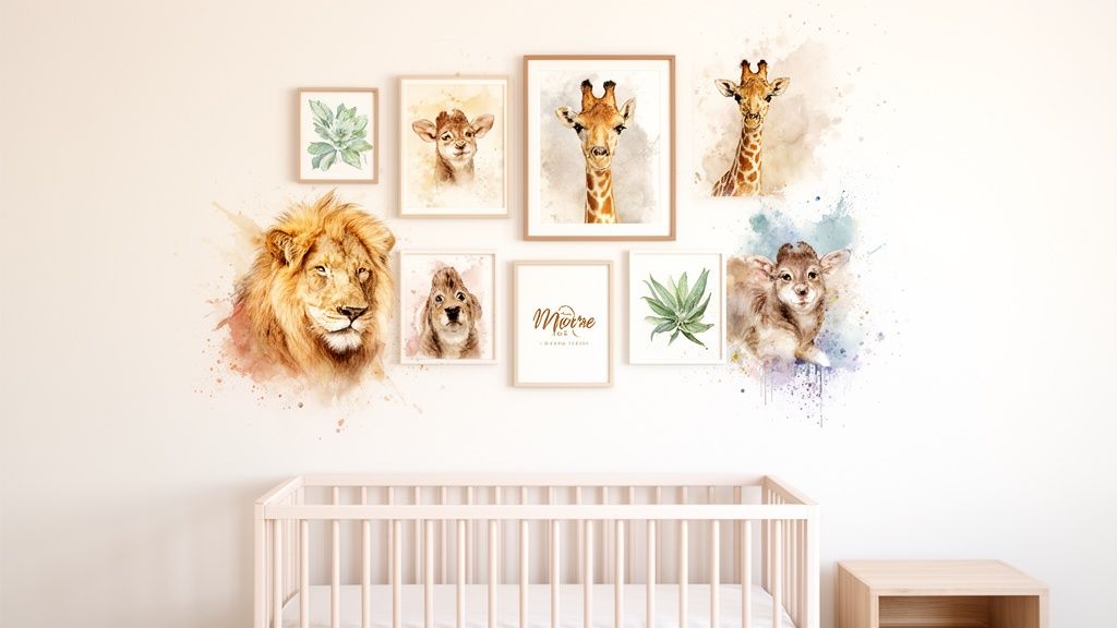 A bright nursery wall adorned with multiple framed watercolor prints of safari animals and plants above a white crib.