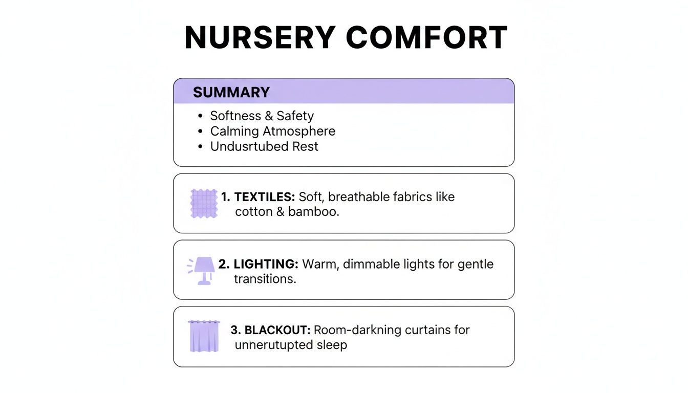 A guide for nursery comfort detailing textiles, lighting, and blackout options for a baby's room.