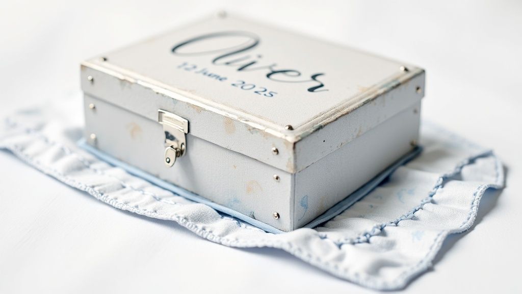 Personalized light blue keepsake box for Oliver, dated June 12, 2025, on a ruffled cloth.