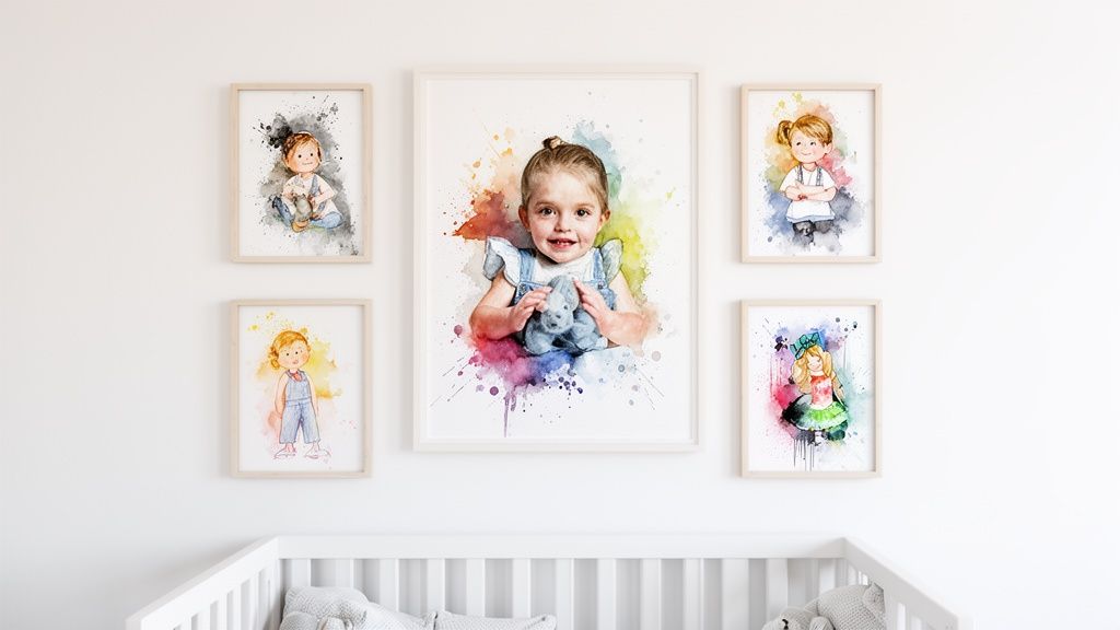 Five framed watercolor prints of children and a baby, displayed as wall art above a crib.