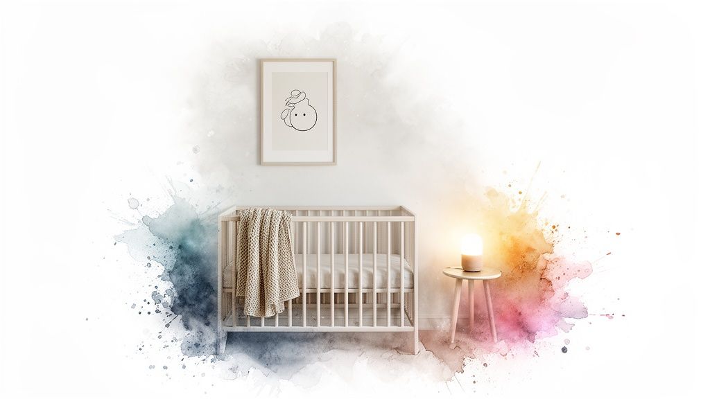 A cozy baby nursery with a white crib, a soft blanket, minimalist artwork, and a glowing lamp.