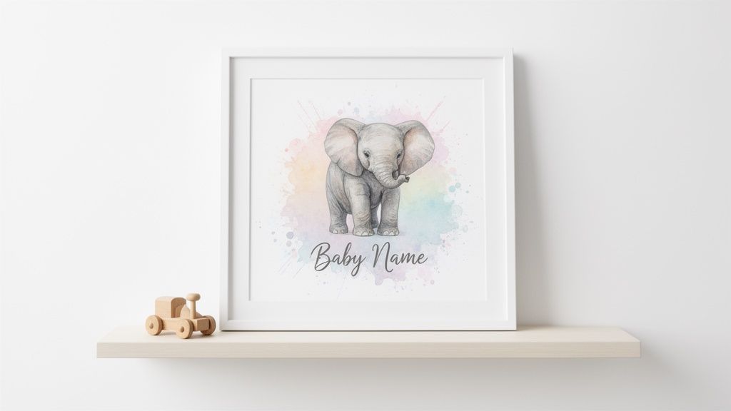 White framed wall art featuring a cute baby elephant with 'Baby Name' text, on a shelf with a wooden toy.