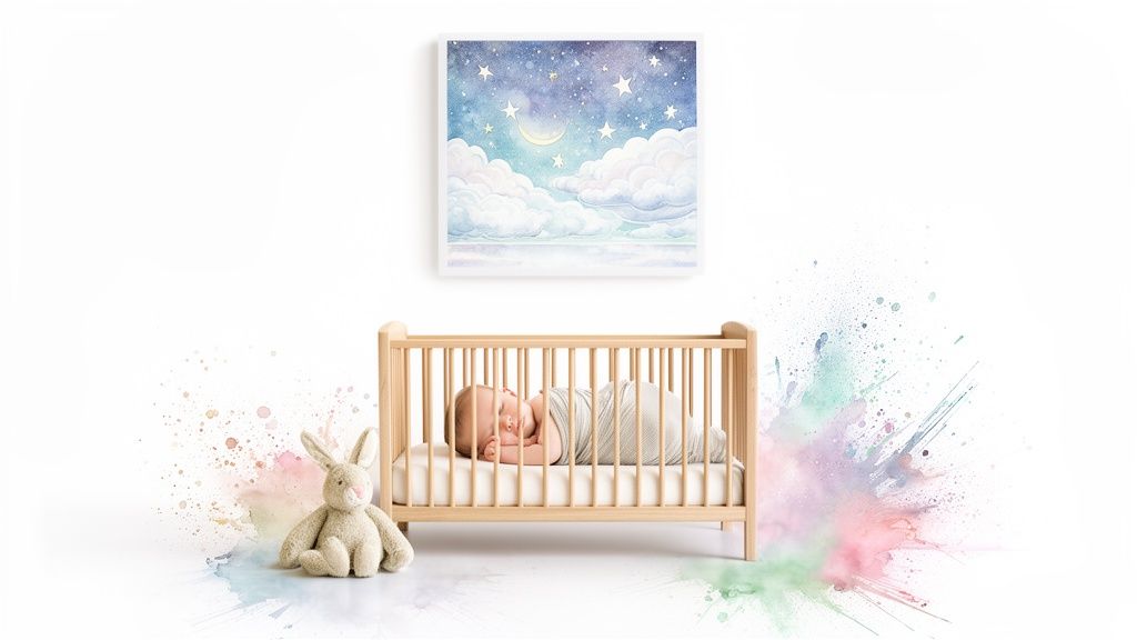 A baby sleeps peacefully in a wooden crib, with a bunny plush and a starry night painting.