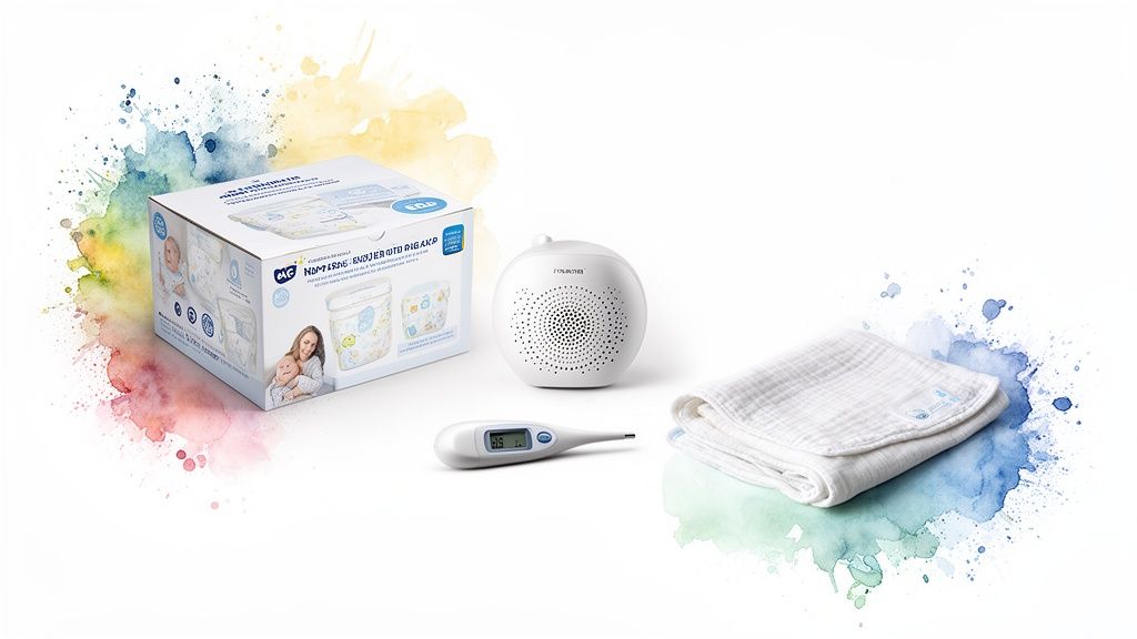A comprehensive baby essentials gift set with diapers, white noise machine, thermometer, and burp cloth.