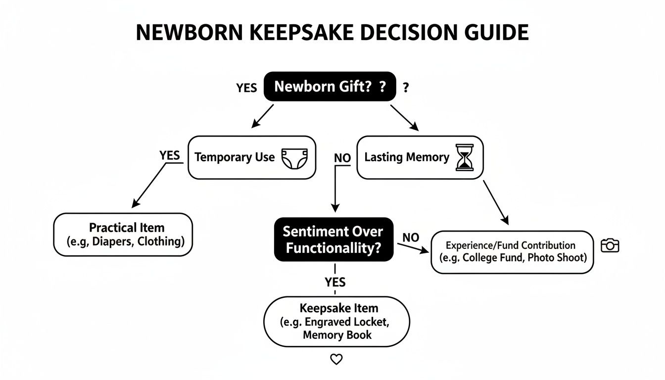 Flowchart guiding decisions for newborn keepsake gifts, distinguishing between practical, lasting, and sentimental options.